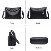 Borsa a tracolla in pelle nera, vista frontale, posteriore, laterale e inferiore. Design elegante, chiusura con zip, dettagli metallici dorati.