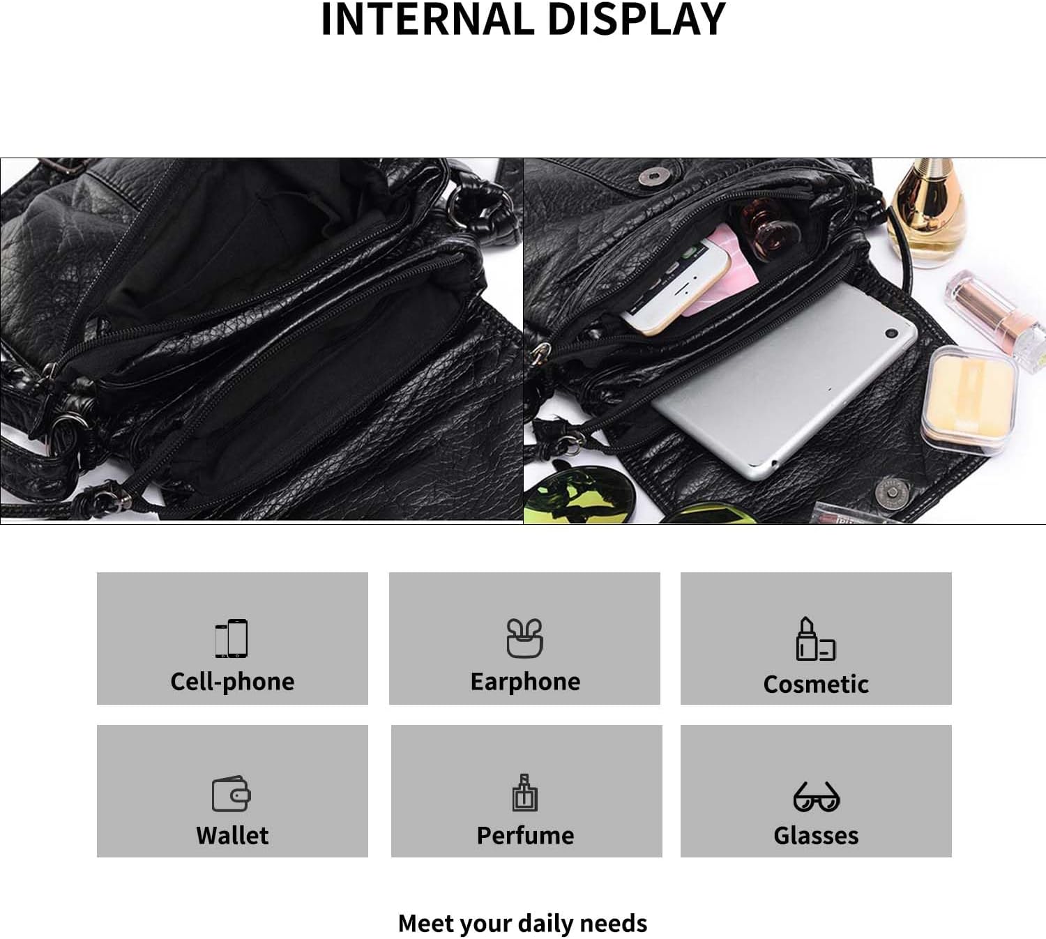 Interno borsa in pelle nera con smartphone, tablet, cosmetici, portafoglio, occhiali e profumo. Accessori moda donna, organizzazione pratica.