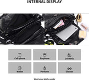 Interno borsa in pelle nera con smartphone, tablet, cosmetici, portafoglio, occhiali e profumo. Accessori moda donna, organizzazione pratica.