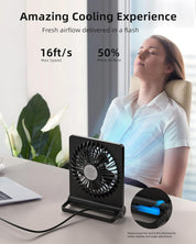 Ventilatore da scrivania nero, compatto, con velocità massima di 16 ft/s, offre il 50% in più di flusso d'aria. Ideale per ufficio e casa.