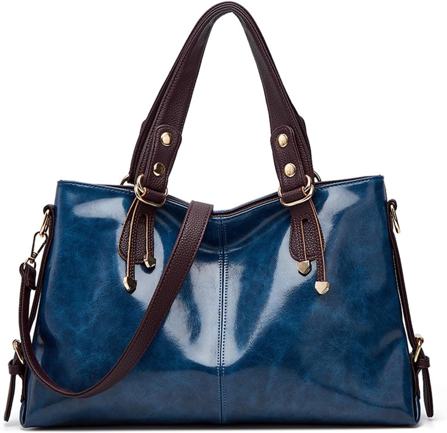Borsa a mano in pelle blu lucida con manici marroni, dettagli in metallo dorato, design elegante e spazioso, perfetta per moda femminile.