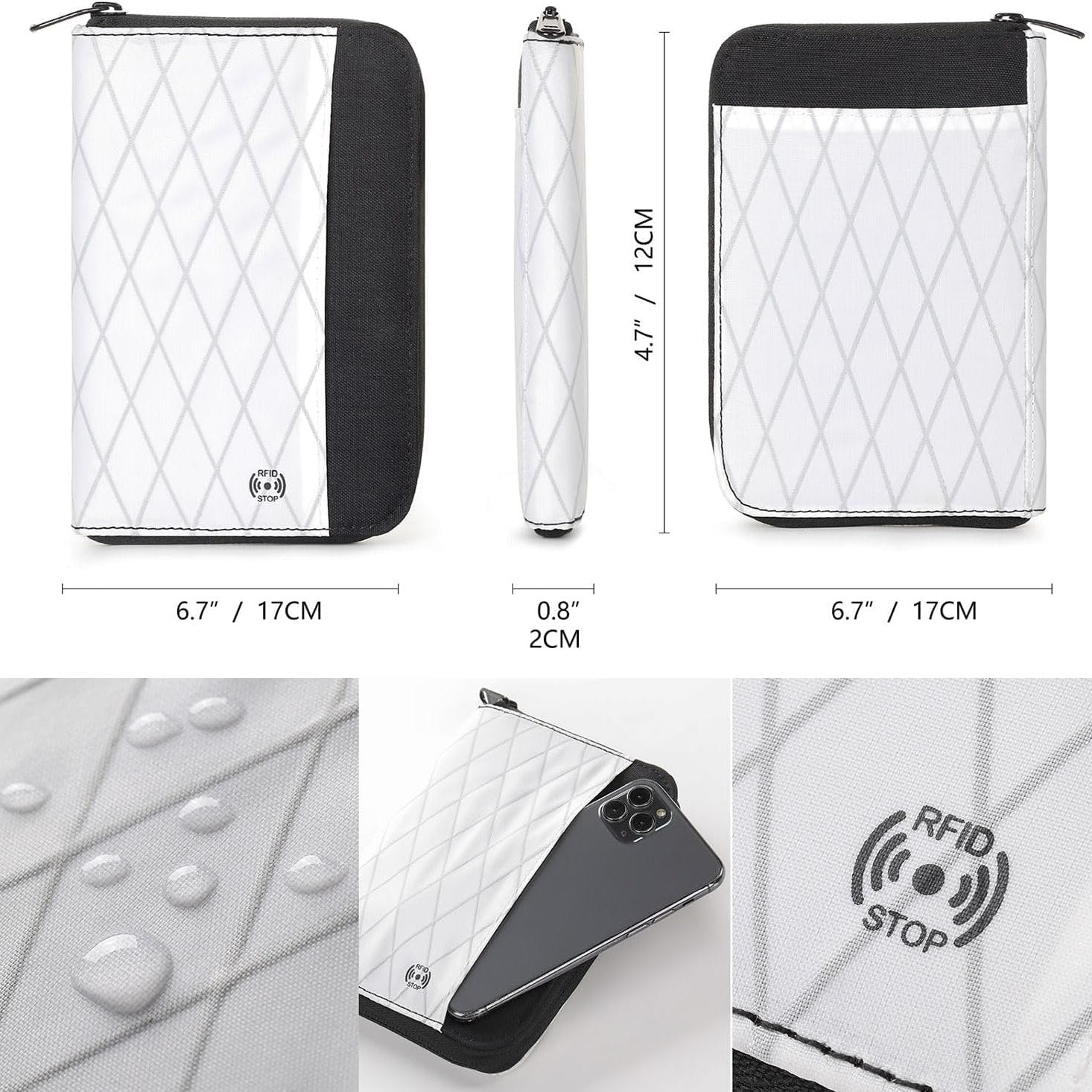 Custodia portafoglio bianca con protezione RFID, impermeabile, compatibile con smartphone 6.7", design trapuntato, dimensioni 17x12x2 cm.