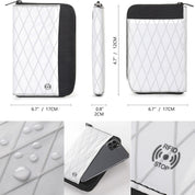 Custodia portafoglio bianca con protezione RFID, impermeabile, compatibile con smartphone 6.7", design trapuntato, dimensioni 17x12x2 cm.