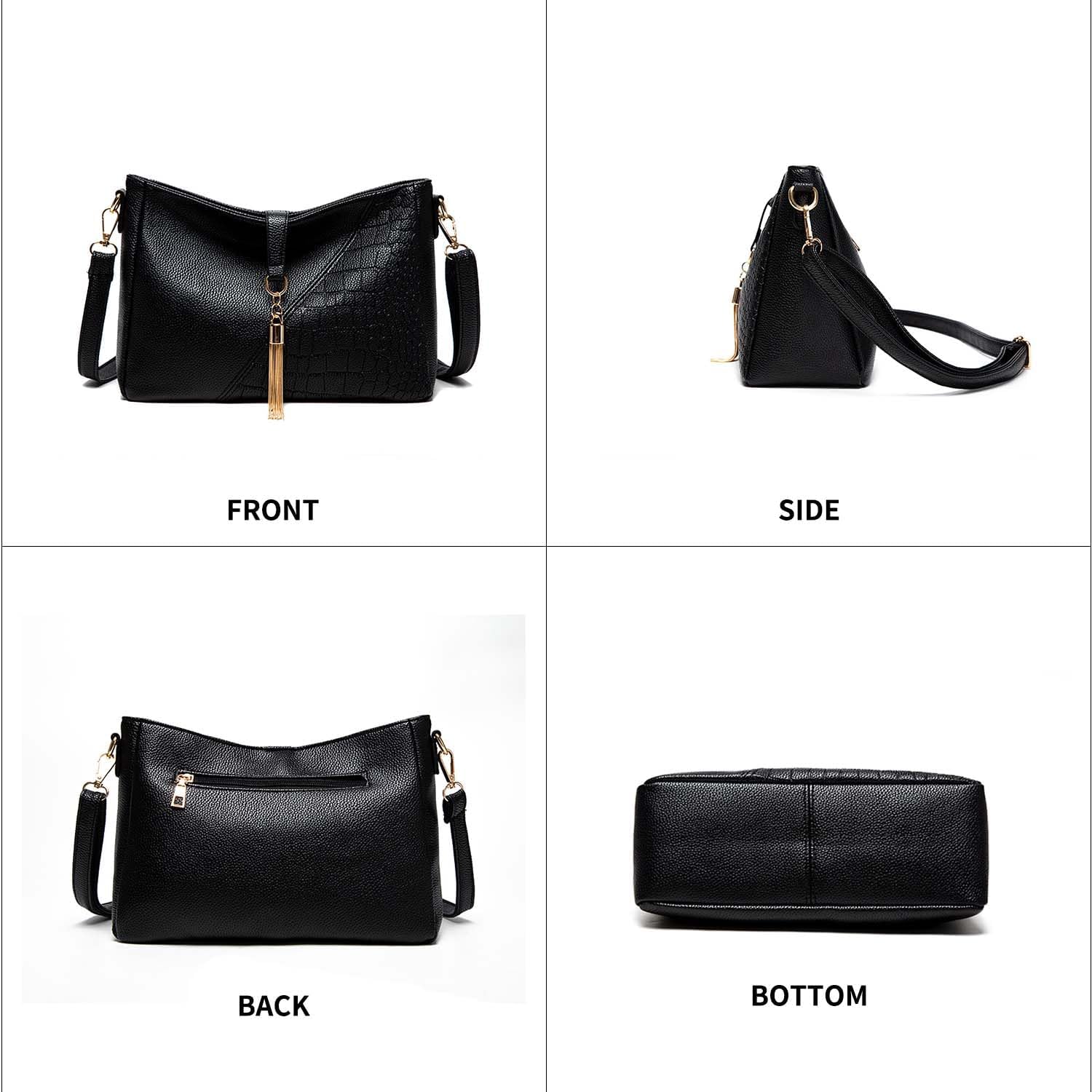 Borsa a tracolla nera in pelle sintetica, design elegante con texture coccodrillo, vista frontale, laterale, posteriore e inferiore, accessori dorati.