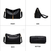 Borsa a tracolla nera in pelle sintetica, design elegante con texture coccodrillo, vista frontale, laterale, posteriore e inferiore, accessori dorati.