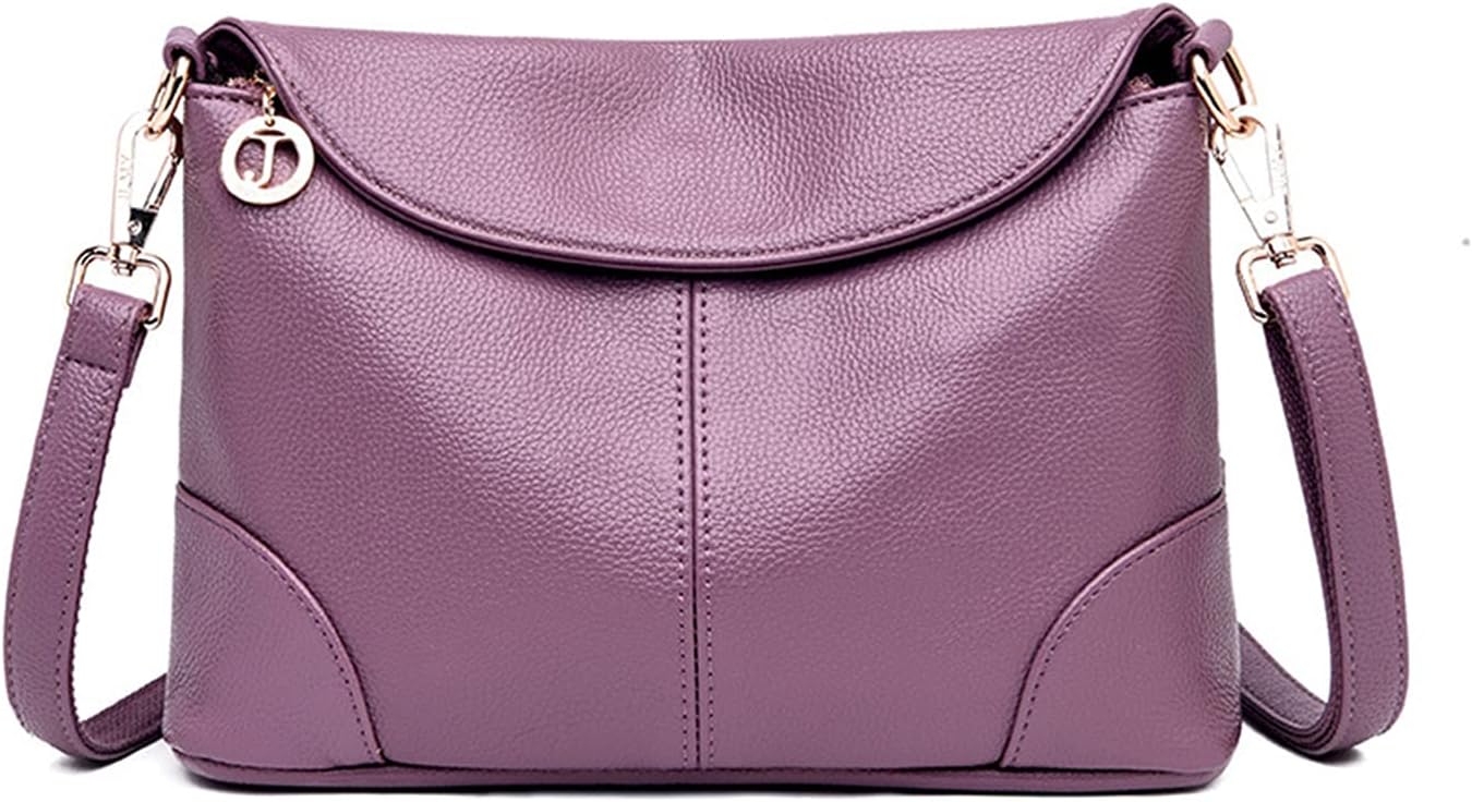 Borsa a tracolla in pelle viola, design elegante, chiusura con patta, dettagli in metallo dorato, ideale per moda donna, accessorio versatile.