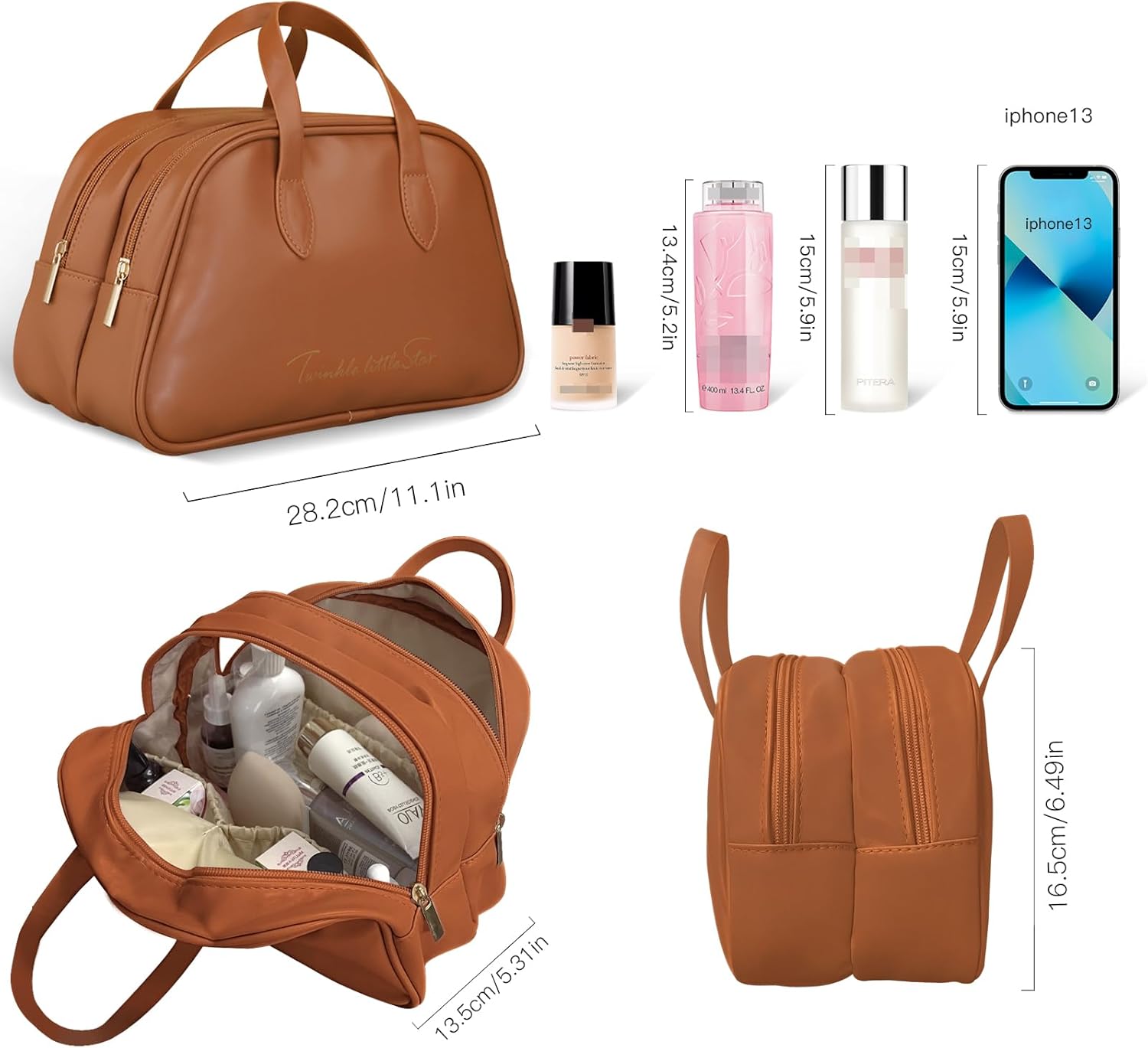 Borsa da viaggio in pelle marrone con cerniera, tasche interne, dimensioni 28,2x18,5x16,5 cm. Ideale per cosmetici e accessori.