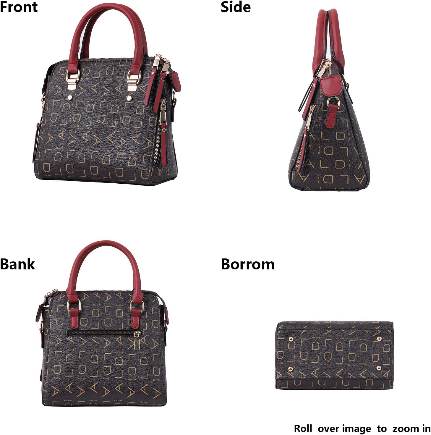 Borsa a mano elegante in pelle nera con motivo geometrico dorato, manici e dettagli rossi. Vista frontale, laterale e posteriore. Accessorio moda donna.