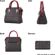 Borsa a mano elegante in pelle nera con motivo geometrico dorato, manici e dettagli rossi. Vista frontale, laterale e posteriore. Accessorio moda donna.
