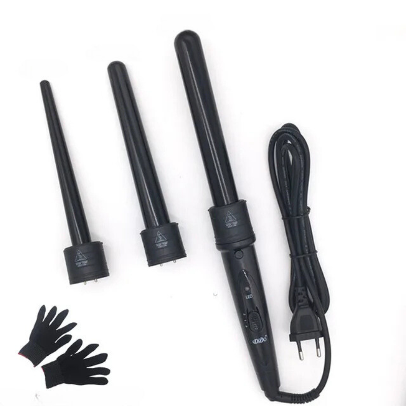 Set arricciacapelli nero con tre bacchette intercambiabili e guanti termici. Strumento styling capelli professionale, cavo lungo, facile da usare.