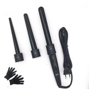 Set arricciacapelli nero con tre bacchette intercambiabili e guanti termici. Strumento styling capelli professionale, cavo lungo, facile da usare.