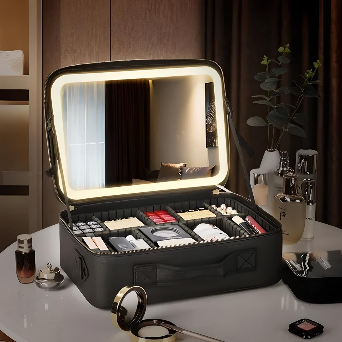Valigia trucco con specchio illuminato a LED, organizer cosmetici nero, scomparti regolabili, ideale per viaggi e professionisti del make-up.