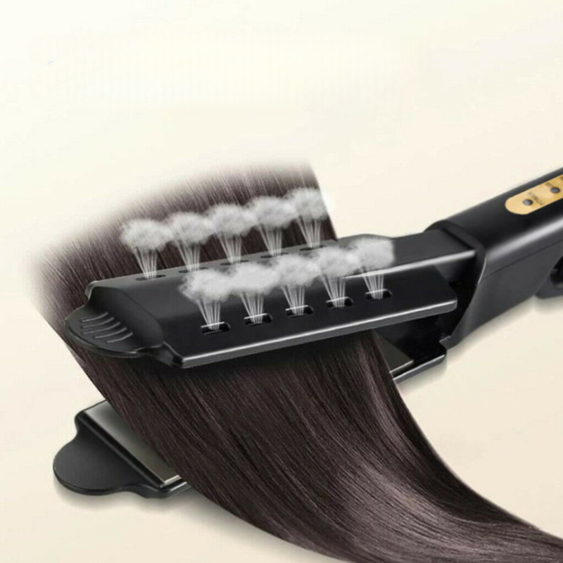 Piastra per capelli a vapore, nera, con funzione di rilascio vapore per lisciare capelli castani. Tecnologia avanzata per styling professionale.