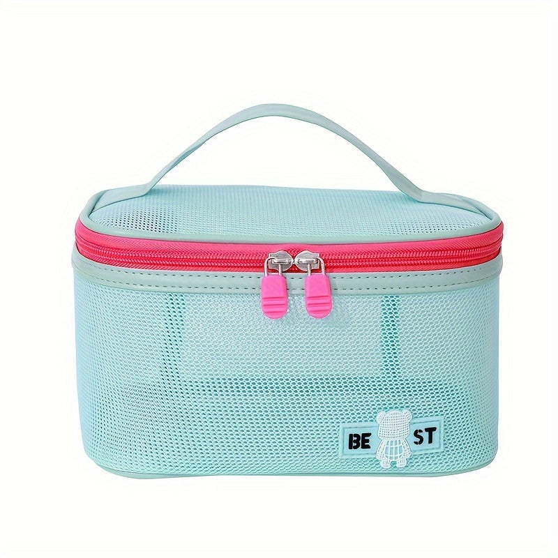Astuccio da viaggio verde menta con cerniera rosa, manico superiore, design a rete, ideale per cosmetici e accessori. Perfetto per organizzazione.