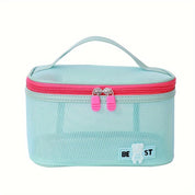Astuccio da viaggio verde menta con cerniera rosa, manico superiore, design a rete, ideale per cosmetici e accessori. Perfetto per organizzazione.