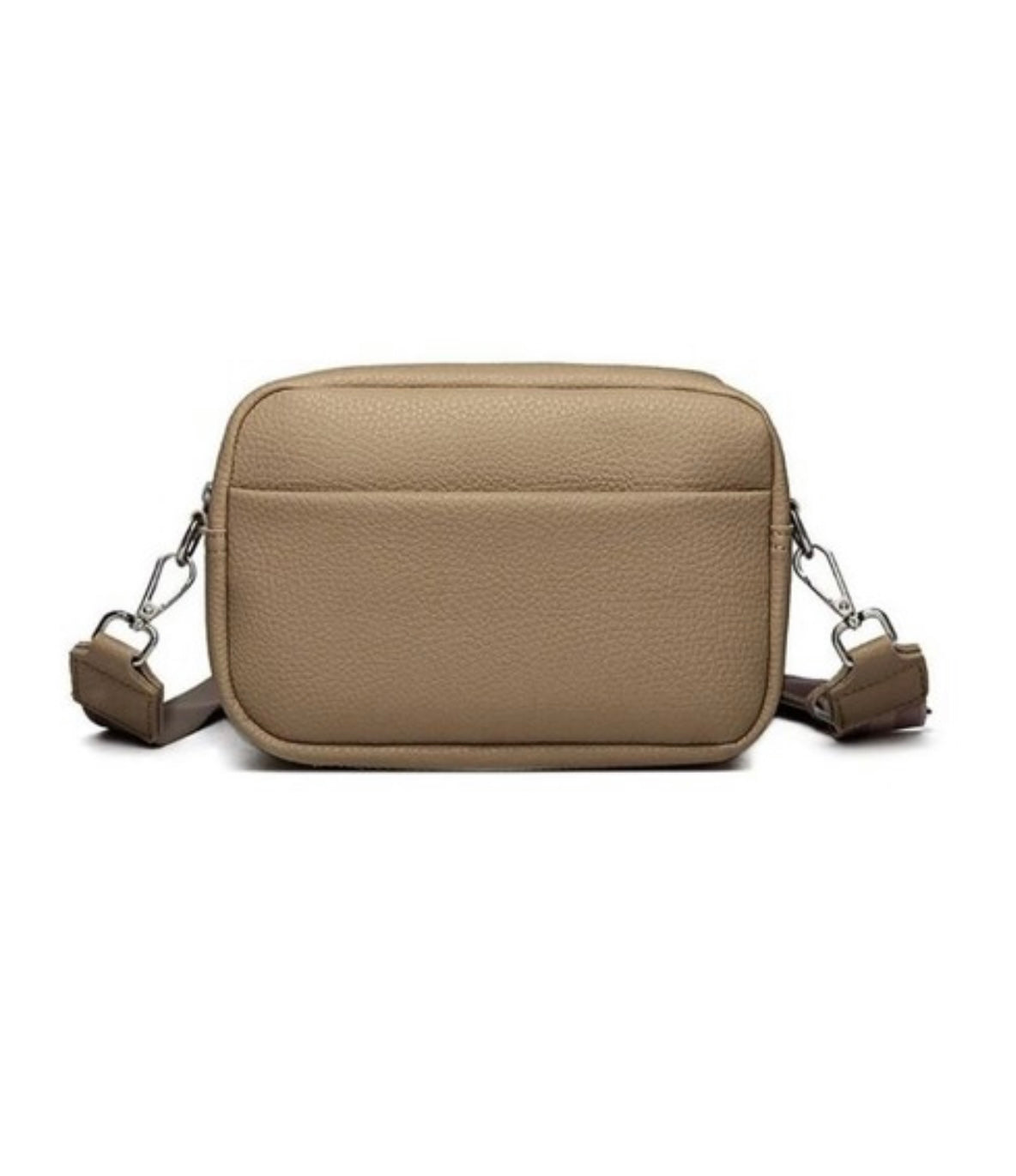 Borsa a tracolla in pelle beige, design rettangolare, chiusura con zip, tracolla regolabile, ideale per moda donna, accessorio elegante.