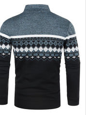 Maglione uomo invernale, motivo geometrico nordico, colori nero e grigio, maniche lunghe, collo alto, tessuto caldo e morbido, moda casual.