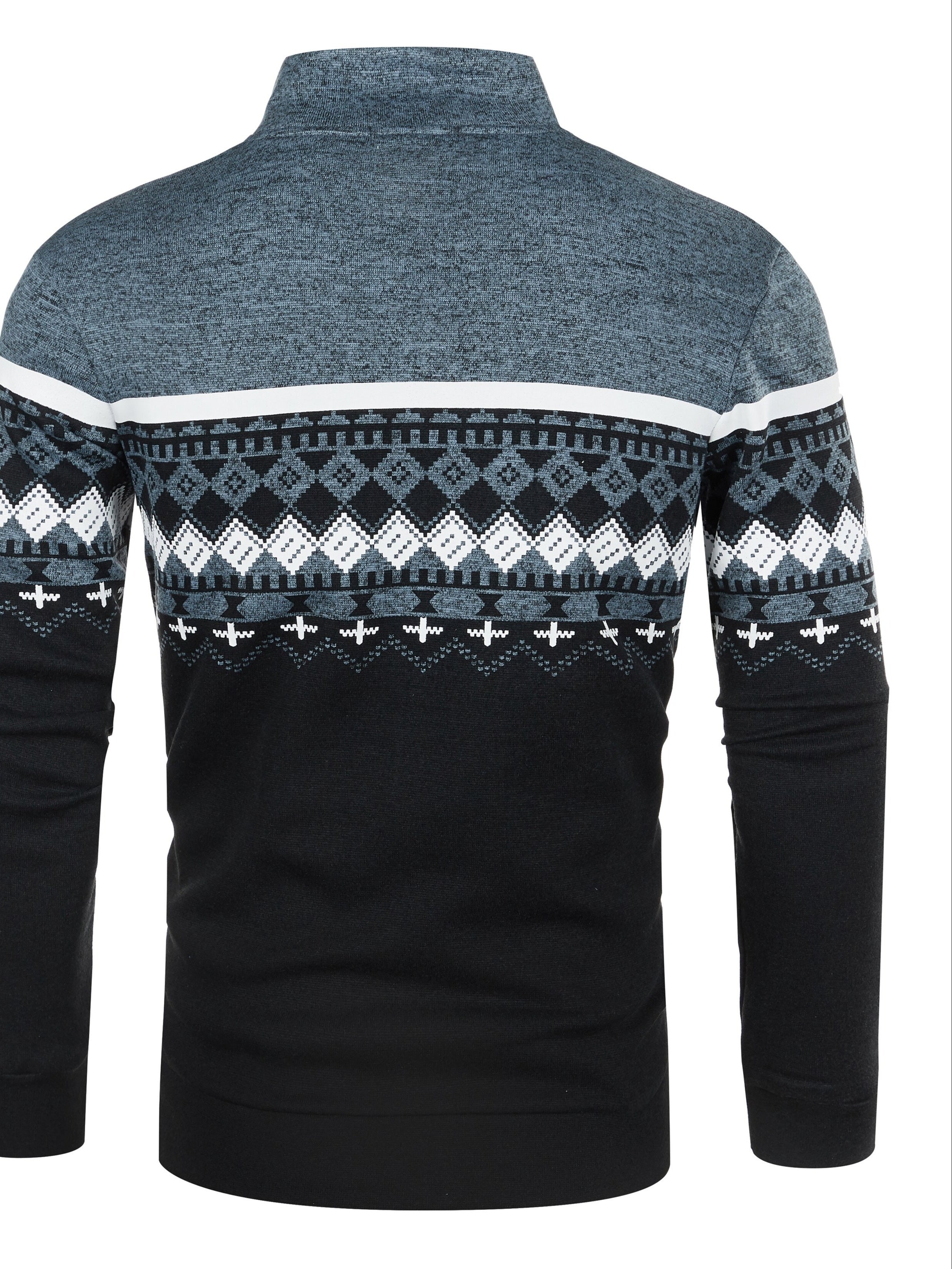 Maglione uomo invernale, motivo geometrico nordico, colori nero e grigio, maniche lunghe, collo alto, tessuto caldo e morbido, moda casual.