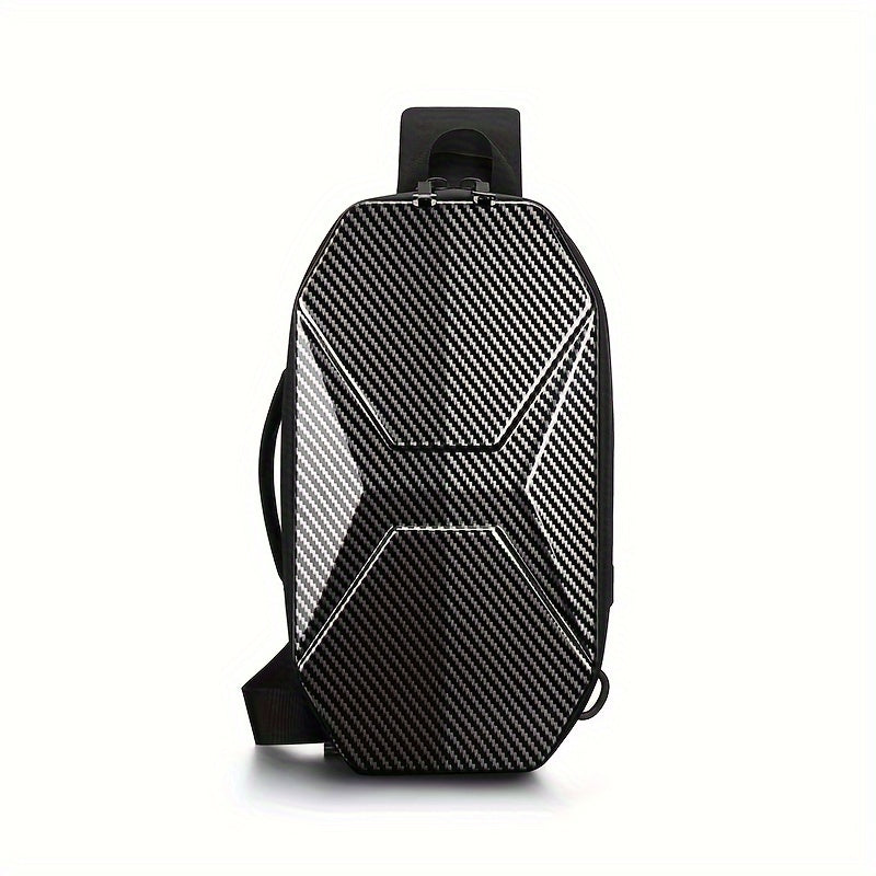 Zaino monospalla in fibra di carbonio, design moderno e resistente, ideale per viaggi e uso quotidiano. Tasche multiple, stile urbano.