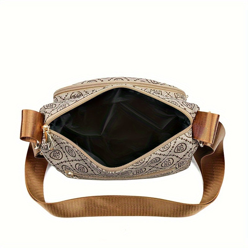Borsa a tracolla beige con motivo monogramma, cerniera dorata, interno spazioso nero, tracolla regolabile marrone. Accessorio moda elegante.
