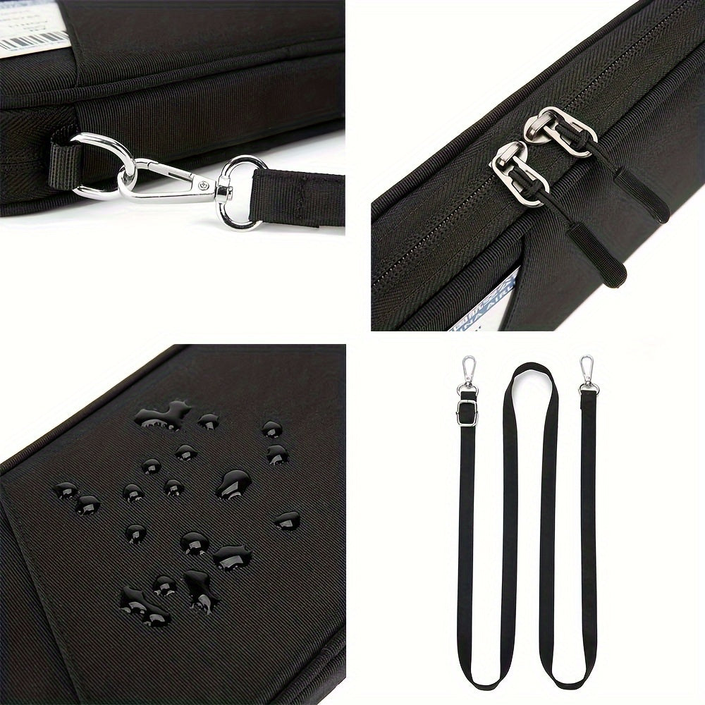 Custodia nera per laptop impermeabile con cerniere robuste, moschettone e tracolla regolabile. Accessorio protettivo per computer portatile.