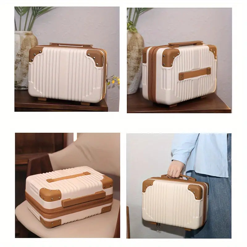 Valigia rigida bianca e marrone, design vintage, manico robusto, angoli rinforzati, ideale per viaggi brevi. Elegante e resistente.