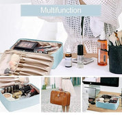 Borsa trucco multifunzione azzurra con scomparti, ideale per cosmetici e accessori. Include pennelli, flaconi e spray. Perfetta per viaggi.