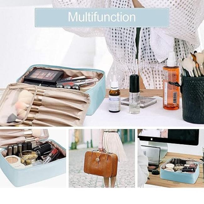 Borsa trucco multifunzione azzurra con scomparti, ideale per cosmetici e accessori. Include pennelli, flaconi e spray. Perfetta per viaggi.