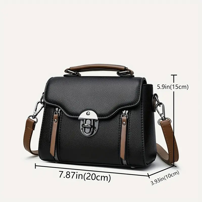 Borsa a tracolla in pelle nera, dimensioni 20x10x15 cm, con manico superiore e chiusura a scatto. Elegante e versatile per ogni occasione.