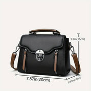 Borsa a tracolla in pelle nera, dimensioni 20x10x15 cm, con manico superiore e chiusura a scatto. Elegante e versatile per ogni occasione.