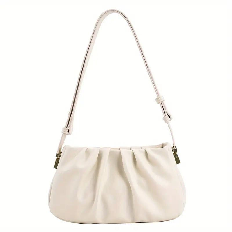 Borsa a spalla bianca in pelle, design elegante con pieghe, chiusura a zip, tracolla regolabile. Accessorio moda donna, stile contemporaneo.