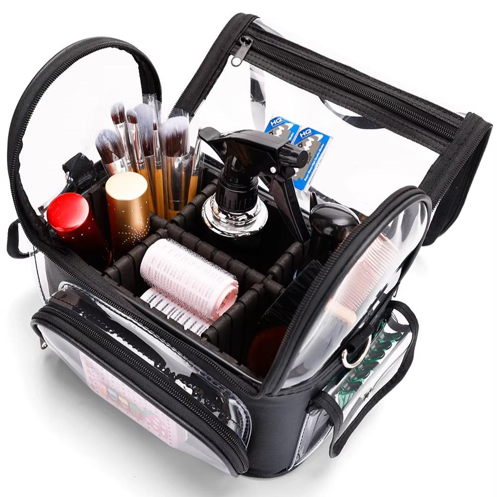 Borsa trasparente per cosmetici con pennelli trucco, spray, flaconi e accessori. Ideale per organizzare prodotti di bellezza e viaggi.