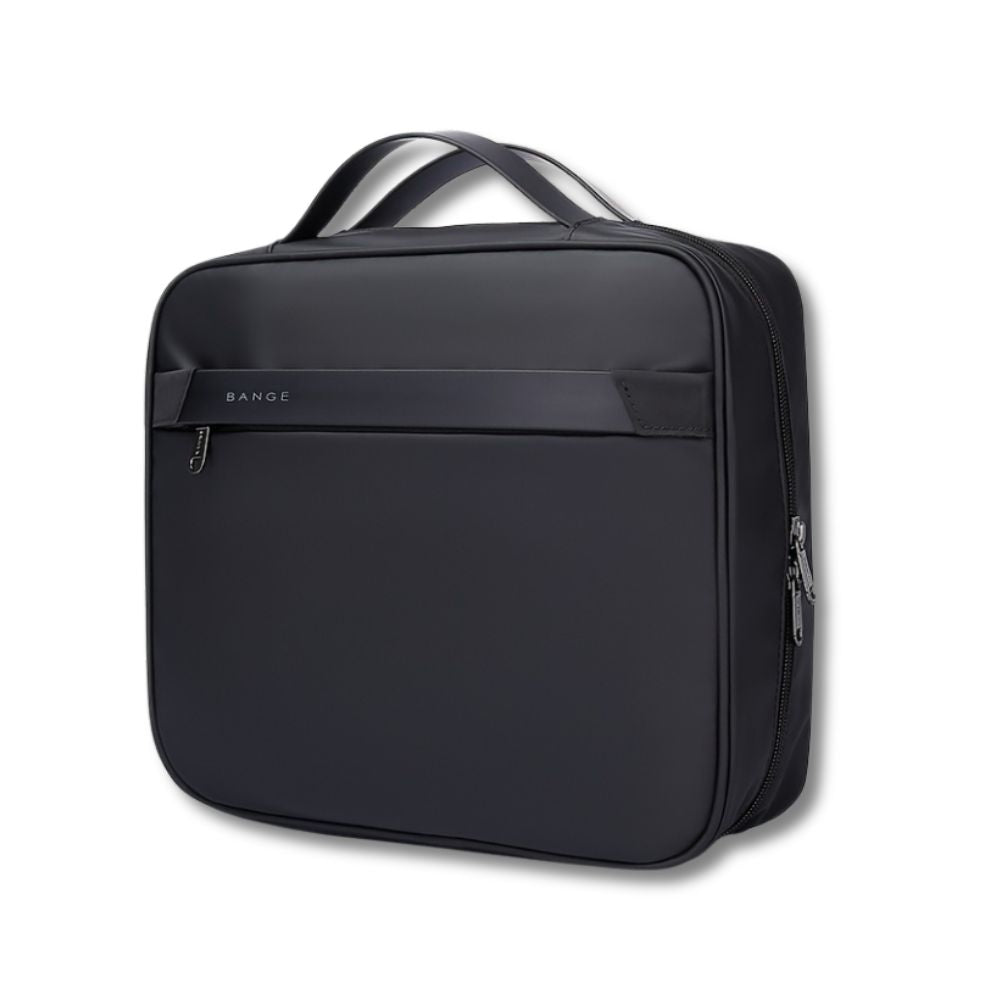 Zaino nero impermeabile Bange, design elegante e minimalista, con manico superiore e doppia cerniera. Ideale per lavoro e viaggio.