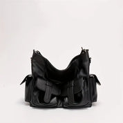 Borsa a tracolla nera in pelle con tasche multiple, design elegante e moderno, ideale per moda donna, accessorio versatile e di tendenza.
