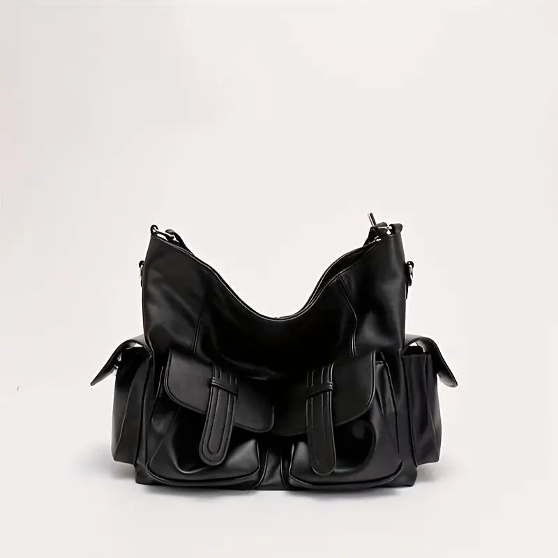Borsa a tracolla nera in pelle con tasche multiple, design elegante e moderno, ideale per moda donna, accessorio versatile e di tendenza.