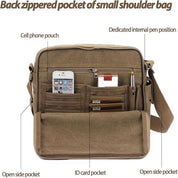 Borsa a tracolla piccola in tela marrone con tasche multiple: tasca per cellulare, porta penne, tasca per carte ID, tasche laterali aperte.