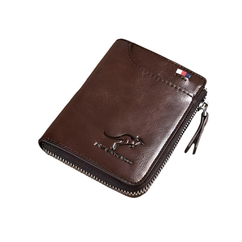 Portafoglio uomo in pelle marrone con cerniera, logo canguro, design compatto, elegante e funzionale, ideale per carte e contanti.