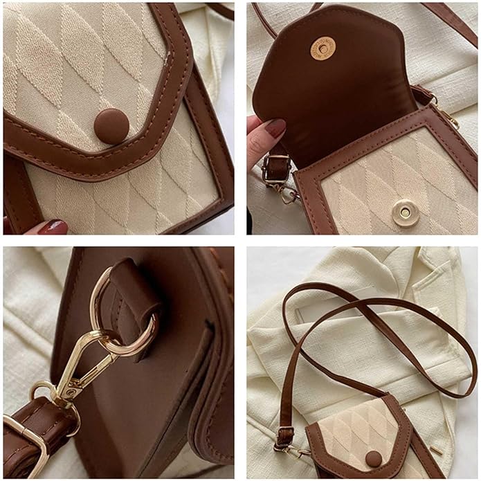 Borsa a tracolla beige e marrone in pelle, design trapuntato, chiusura a bottone, tracolla regolabile, dettagli metallici dorati.
