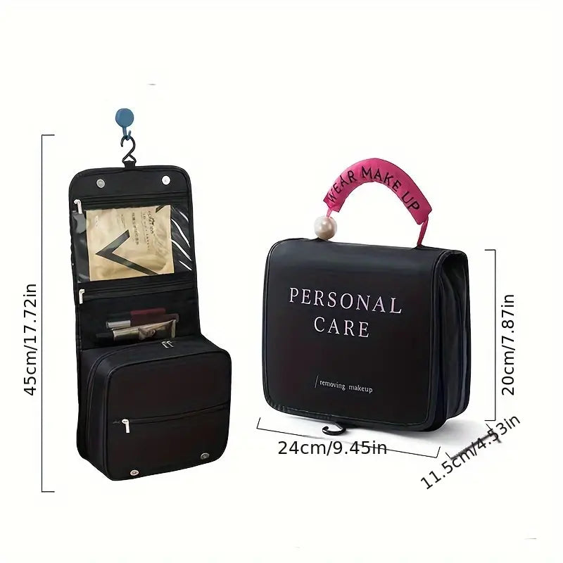 Borsa da toilette nera con gancio, tasche multiple, dimensioni 24x11.5x20 cm, ideale per trucco e cura personale, portatile e organizzata.