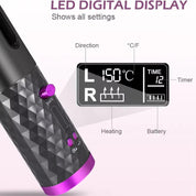 Arricciacapelli automatico con display digitale LED, temperatura regolabile 150°C, timer, batteria ricaricabile, design nero e viola.