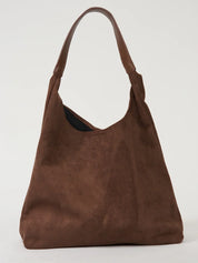 Borsa a spalla in pelle scamosciata marrone, design minimalista, manico singolo, ideale per moda donna, accessorio elegante e versatile.
