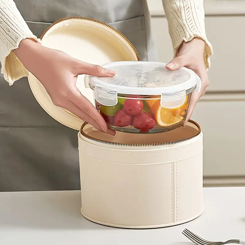 Contenitore per alimenti in vetro con coperchio ermetico, frutta fresca all'interno, riposto in custodia beige. Ideale per conservazione cibi.