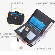 Portafoglio nero in pelle con chiusura a zip, 2 slot ID, 6 slot per carte magnetiche, 1 tasca principale e 1 scomparto per banconote.