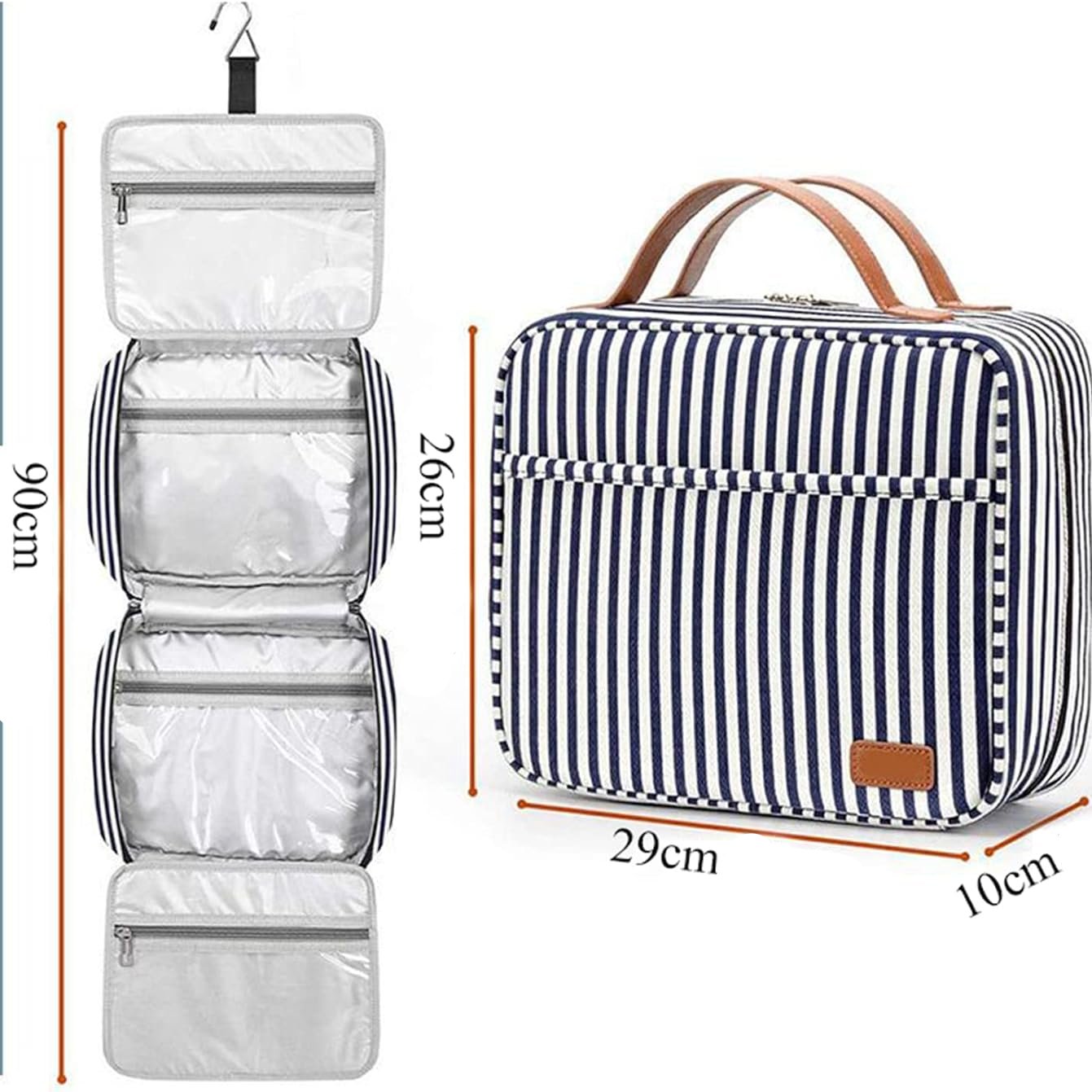 Borsa da viaggio a righe blu e bianche, con gancio, tasche trasparenti, dimensioni 29x10x26 cm, ideale per organizzare articoli da toeletta.