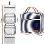Borsa da viaggio a righe blu e bianche, con gancio, tasche trasparenti, dimensioni 29x10x26 cm, ideale per organizzare articoli da toeletta.