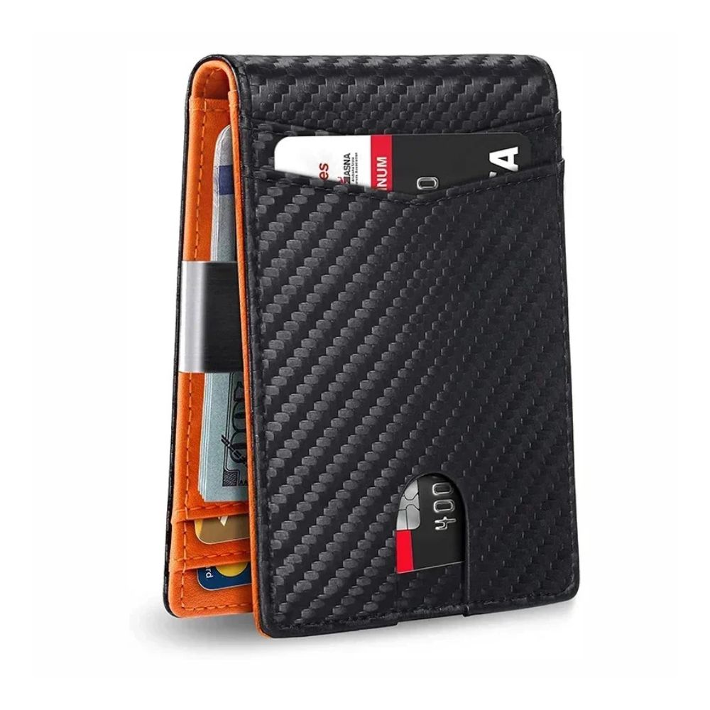 Portafoglio in fibra di carbonio nero, design sottile, con slot per carte di credito e contanti, RFID blocking, elegante e moderno.