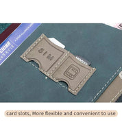 Portafoglio in pelle verde con slot per schede SIM e carte di credito, design pratico e flessibile, ideale per viaggi e uso quotidiano.