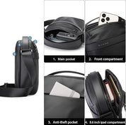 Borsa a tracolla nera Bange, scomparti multipli, tasca principale, tasca frontale, tasca antifurto, compatibile con iPad 8.6 pollici, design elegante.