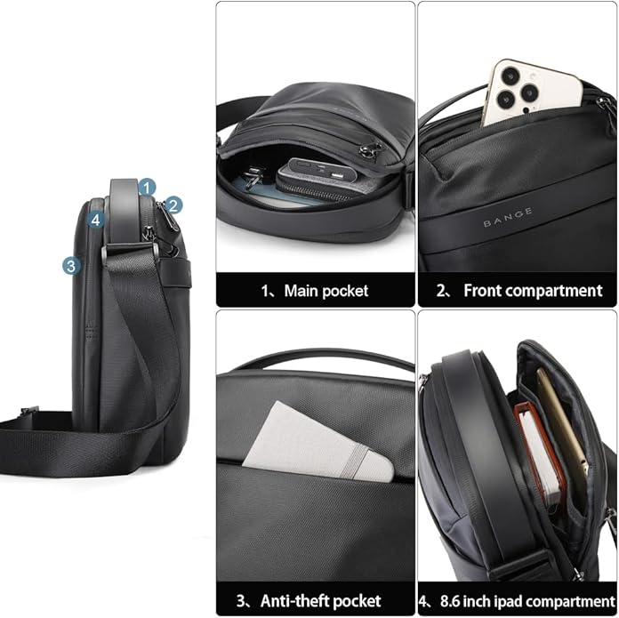 Borsa a tracolla nera Bange, scomparti multipli, tasca principale, tasca frontale, tasca antifurto, compatibile con iPad 8.6 pollici, design elegante.