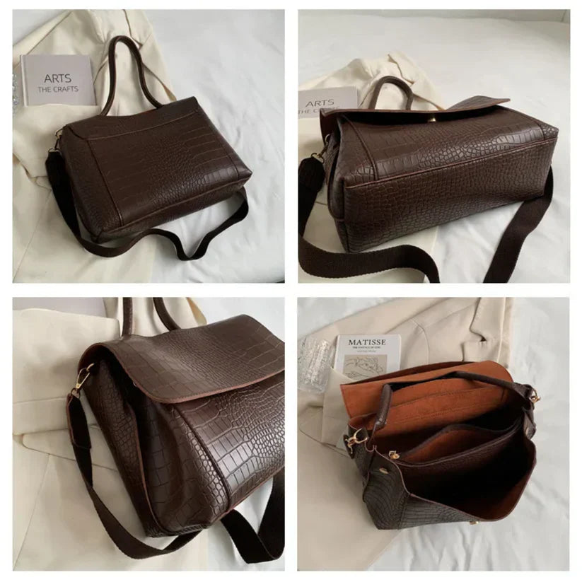 Borsa a tracolla marrone in pelle effetto coccodrillo, design elegante, scomparti interni spaziosi, ideale per moda donna, accessorio versatile.